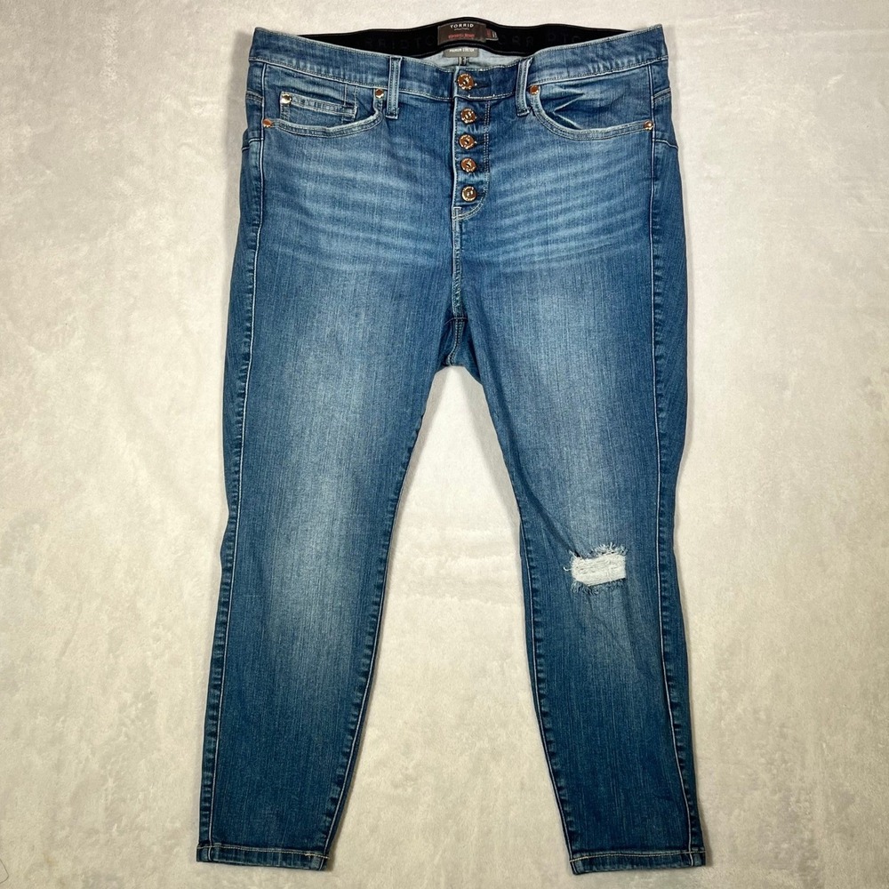 Torrid Bombshell Skinny Jeans 18XS Blue Button Fly Distressed Premium Stretch